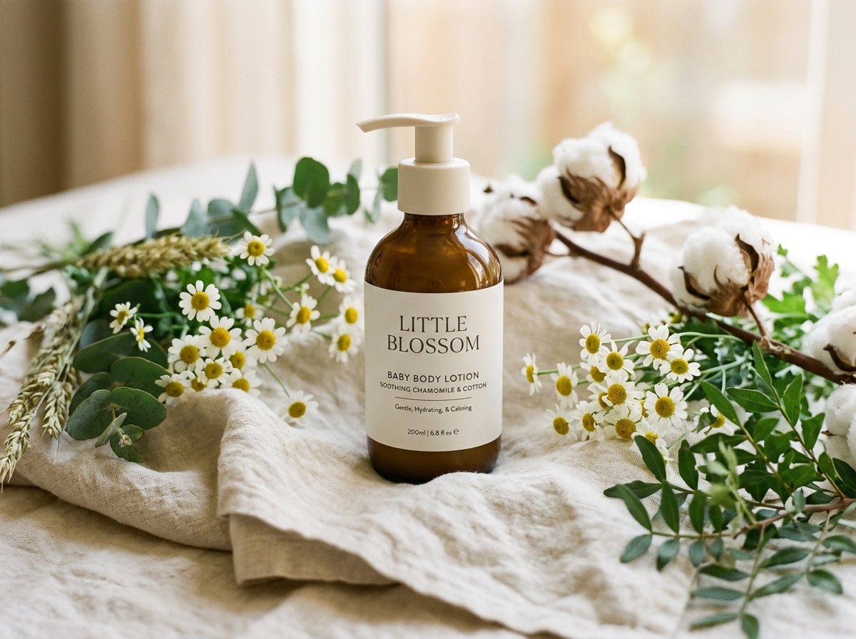 Baby Body Lotion with soothing chamomile and cotton blossoms